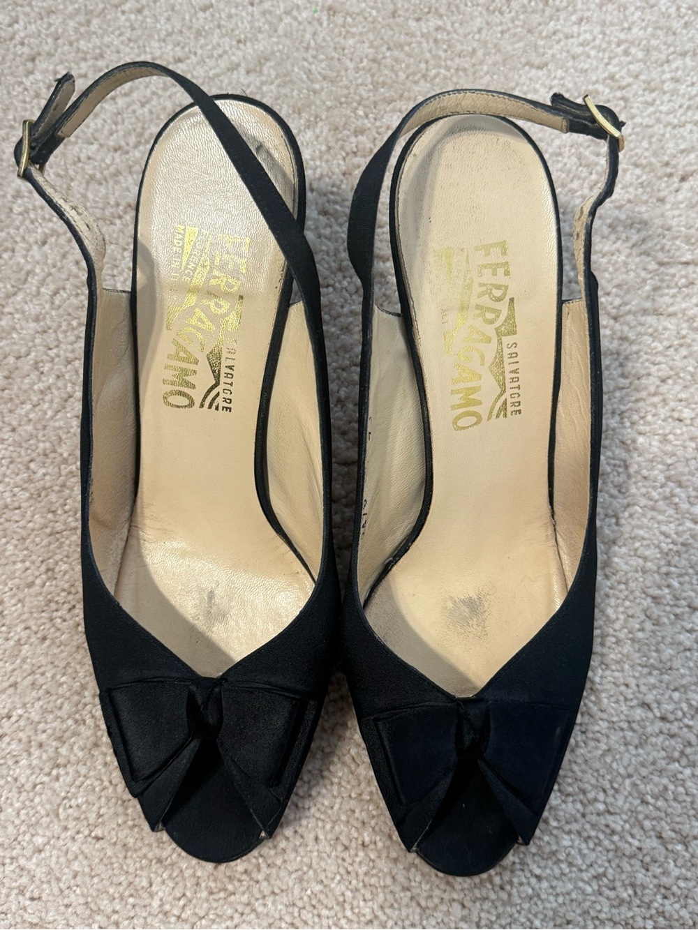 Salvatore Ferragamo Black Satin Slingback Heels Bow Peep Toe Vintage Size 9.5
